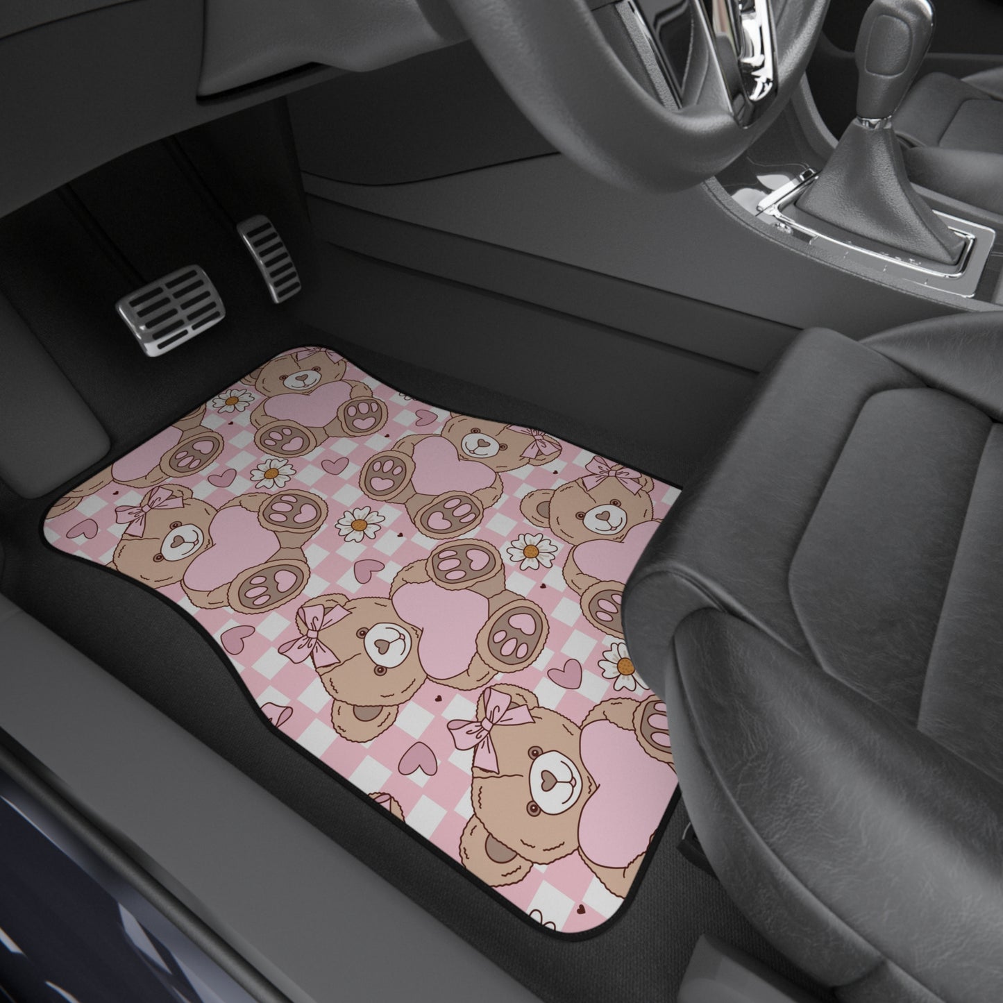 Pink Teddy Bear Print Car Mats (2x Front)