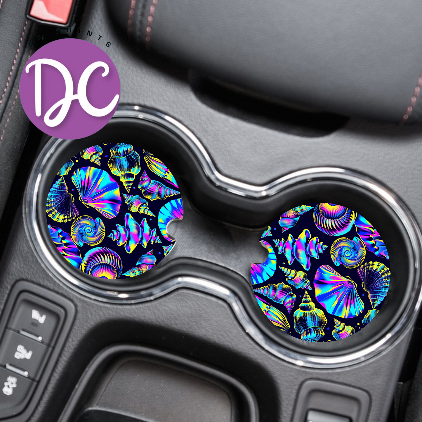 Neon Seashells Car Coasters