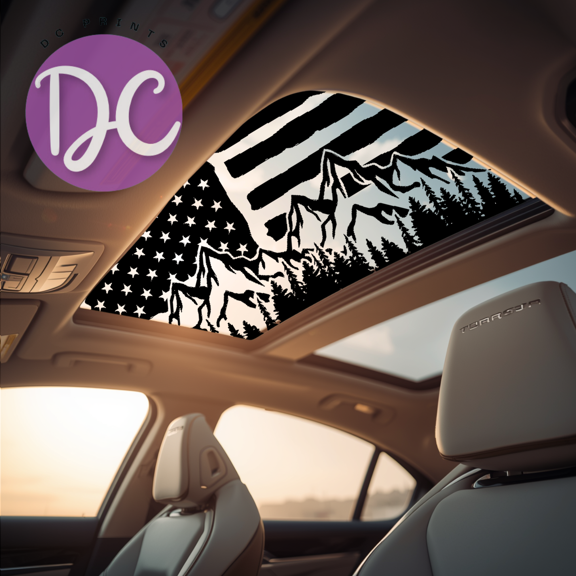 American Flag Mountains Sun Roof Car Decal