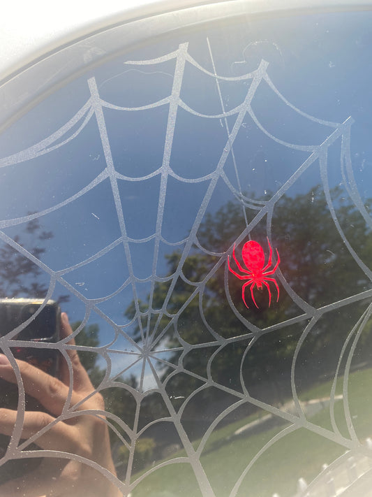 Spider On Hanging Web Car Decal - Glitter Red