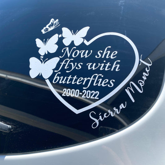 Now She Flies With Butterflies Personalized Memorial Car Decal